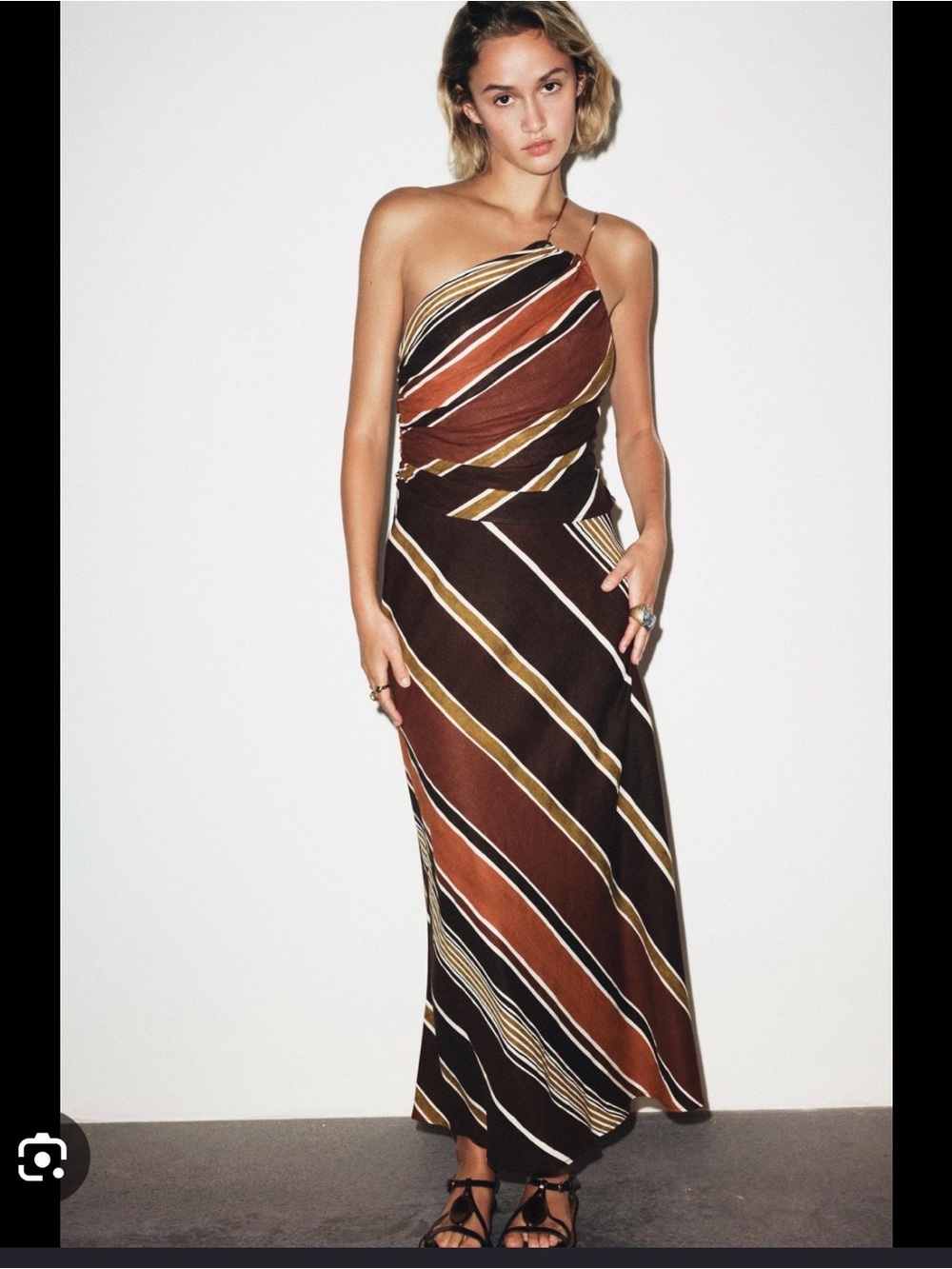 Zara Asymmetrical Brown Striped One-Shoulder Maxi Dress